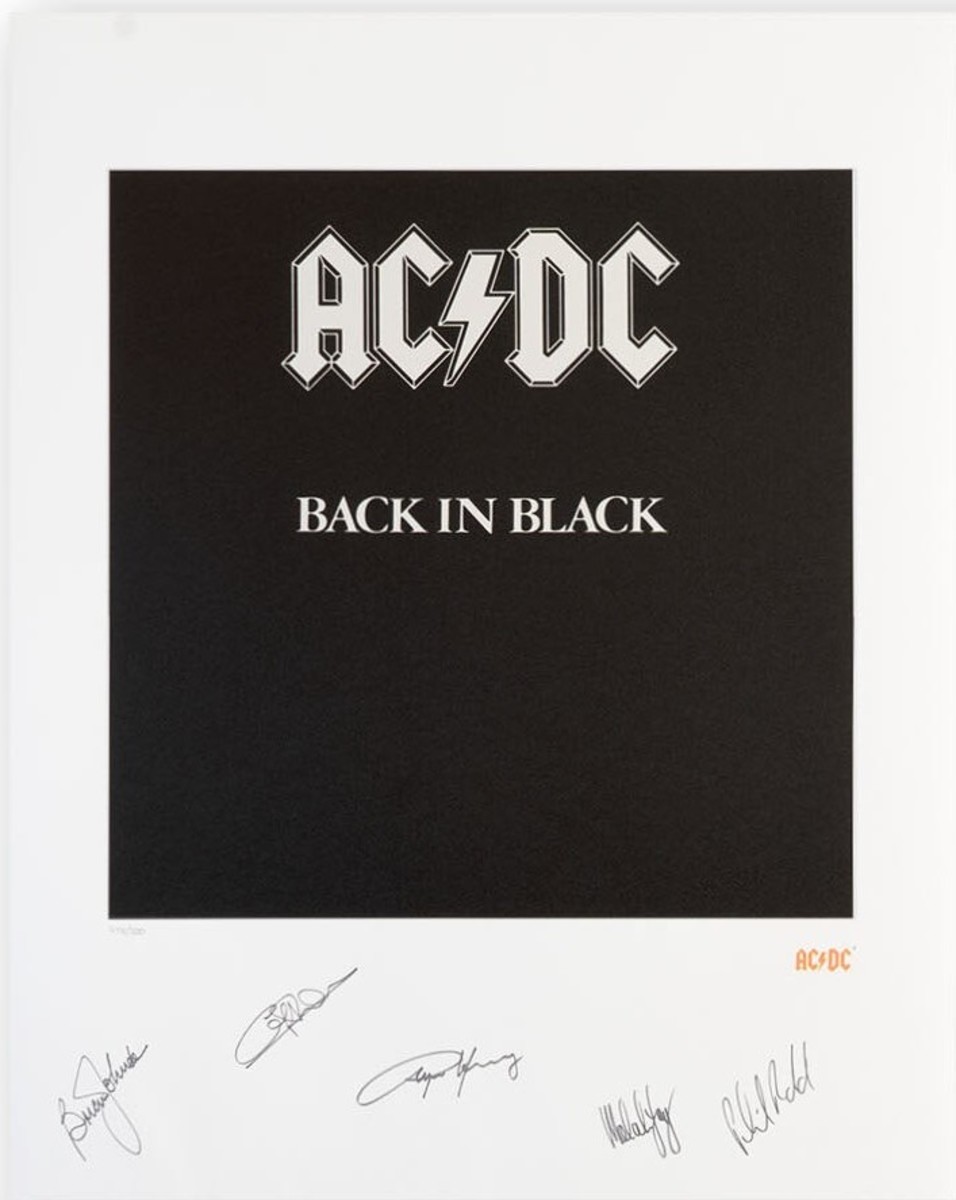 AC/DC – Back in Black signed Limited Fine Art Print by Bob Defrin – Signed By: Phil Rudd, Malcolm And Angus Young, Brian Johnson and Cliff Williams In Black Pen