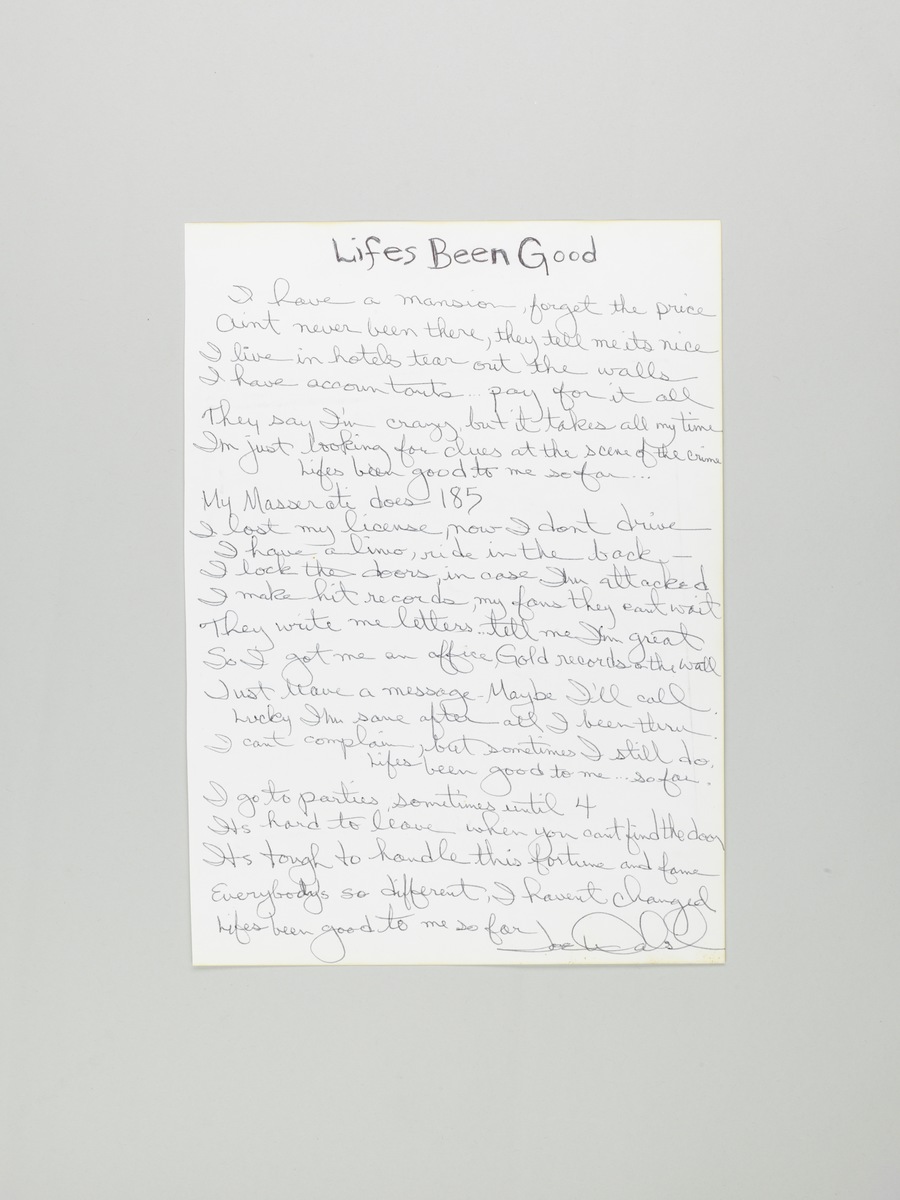 Handwritten lyrics "Lifes Been Good" by Joe Walsh