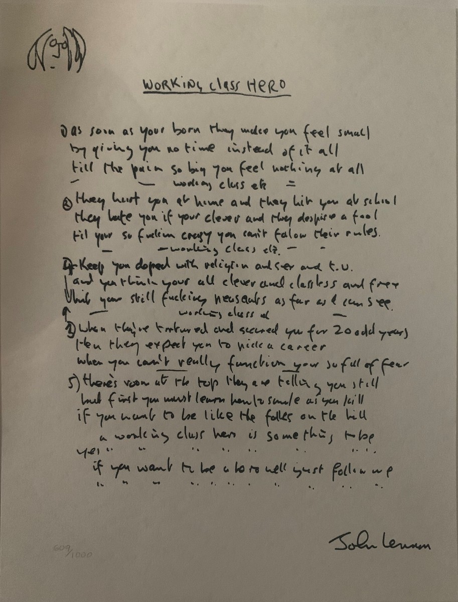 John Lennon - 2003 "Working Class Hero" lyrics limited Edition Serigraph