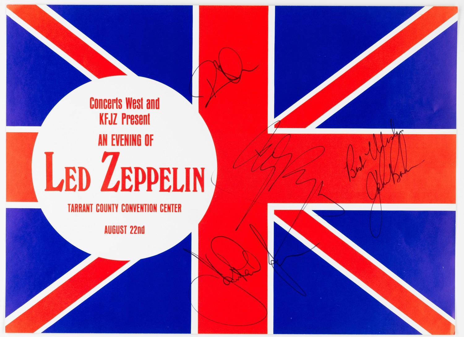 August 22, 1970, Fort Worth TX, US Tarrant County Convention Center Handbil signed by Led Zeppelin