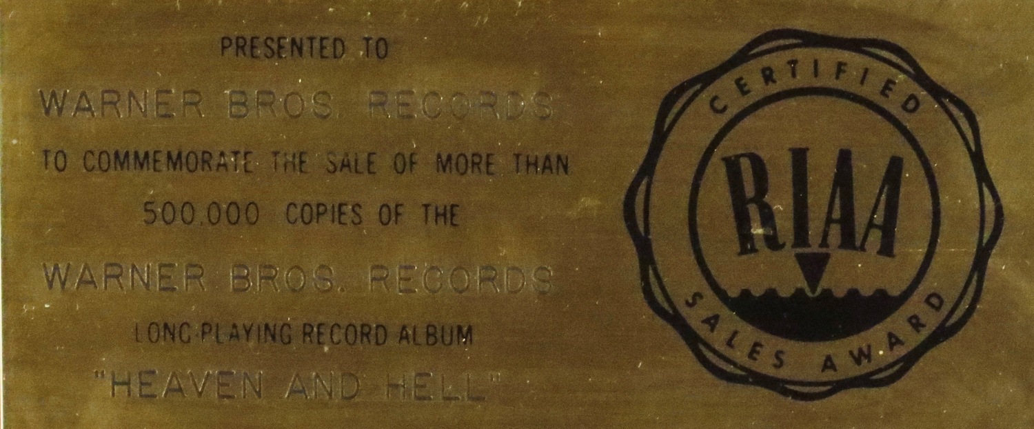 Signed Heaven And Hell RIAA Gold Award