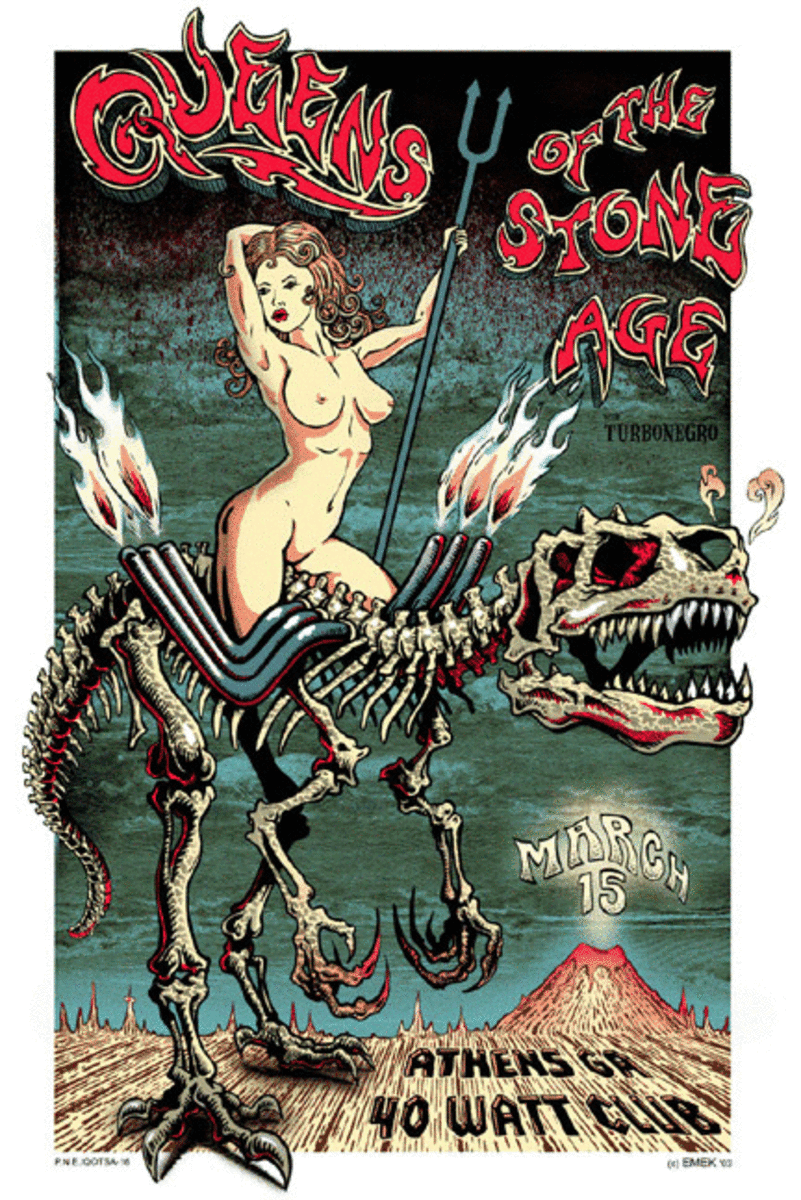 EMEK - 2003 Queens Of The Stone Age "Dino Girl"- 40 Watt Club Athens - Silkscreen Concert Poster