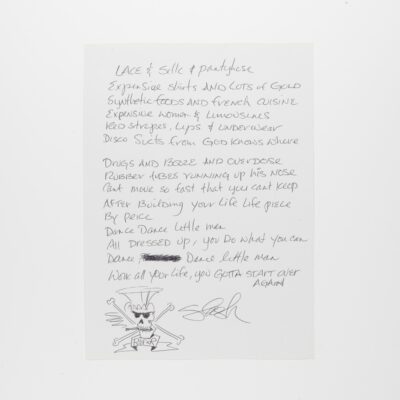 Handwritten lyrics "Lace & Silk & Pantyhose" by Slash