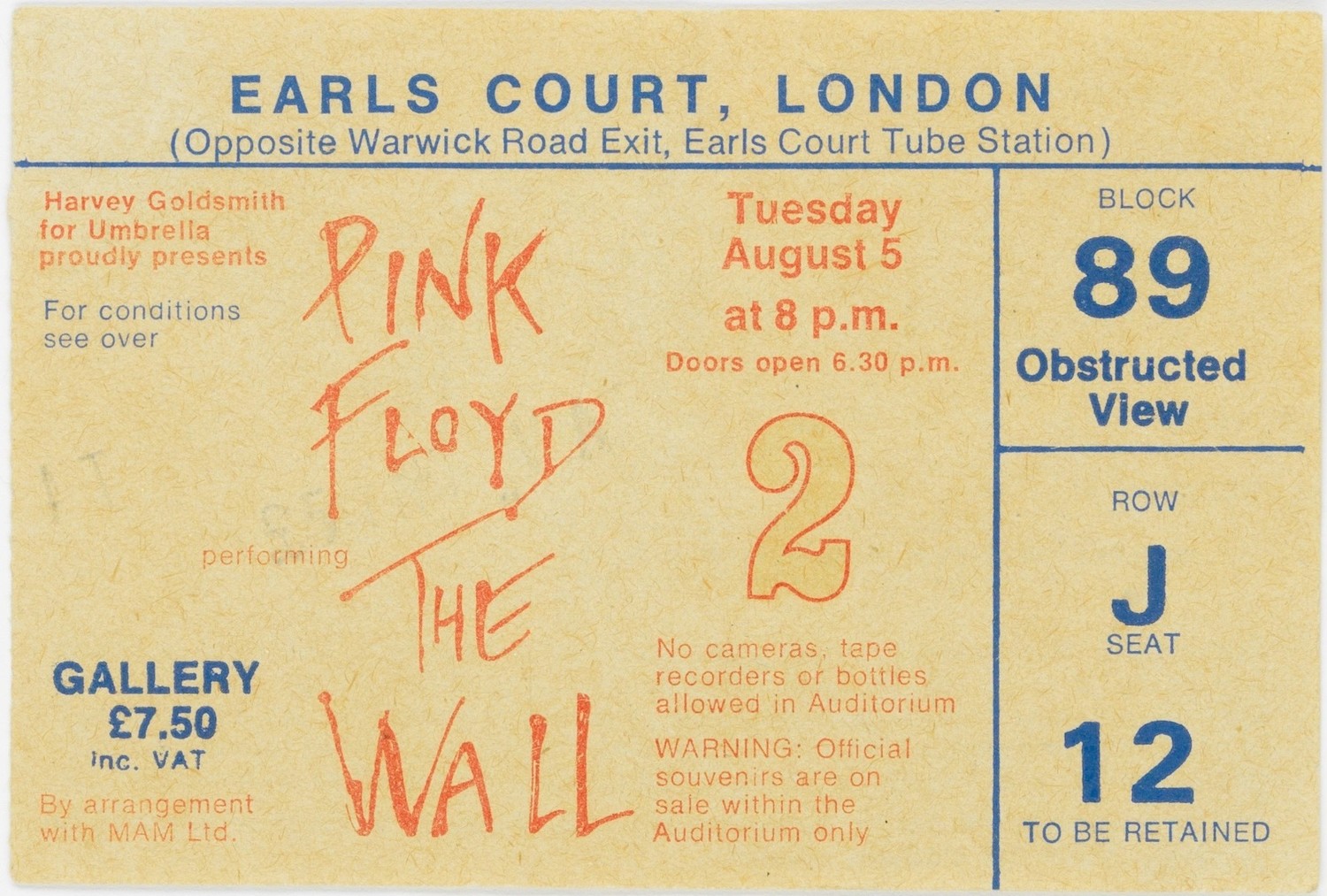 Original Concert Ticket “Pink Floyd-The Wall” London 5.Aug 1980