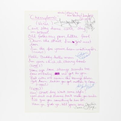 Handwritten Song lyrics "Cherrybomb" by Joan Jett